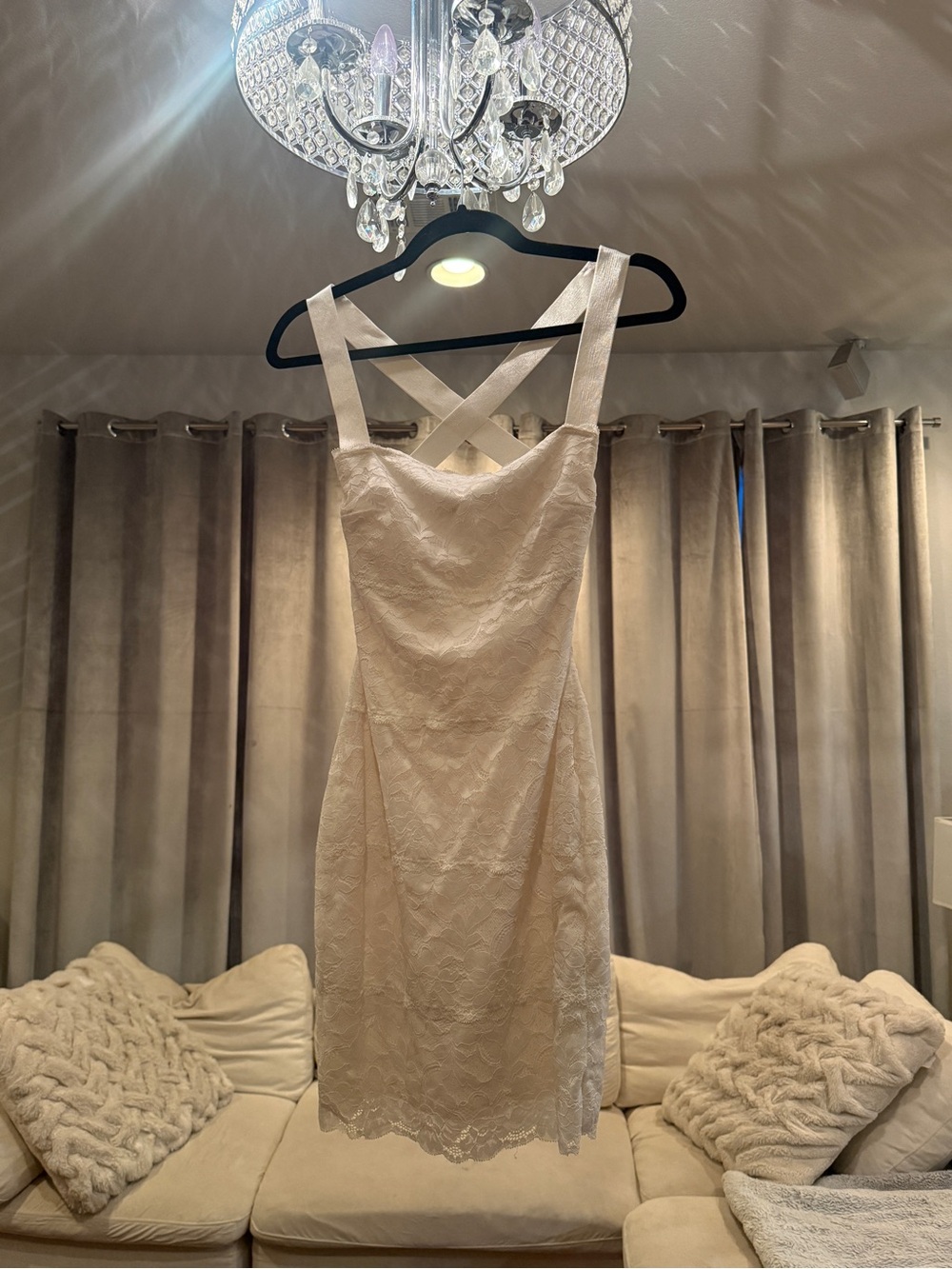 Guess One-Shoulder Cream Lace Sheath Dress